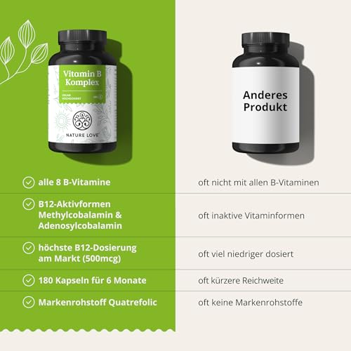 NATURE LOVE® Vitamin B Komplex – Hochdosiert: Mit 500 µg Vitamin B12 – 180 Kapseln (6 Monate) – alle 8 B-Vitamine (B1, B2, B3, B5, B6, B7, B9, B12) – vegan, laborgeprüft und in Deutschland produziert