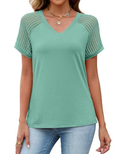 JUSTFASHIONNOW Short Sleeve Blouses for Women Cute Summer Tops Dressy Casual V Neck Tshirts 2026 Trendy Spring Clothes（Cadet Blue,Small — view 5