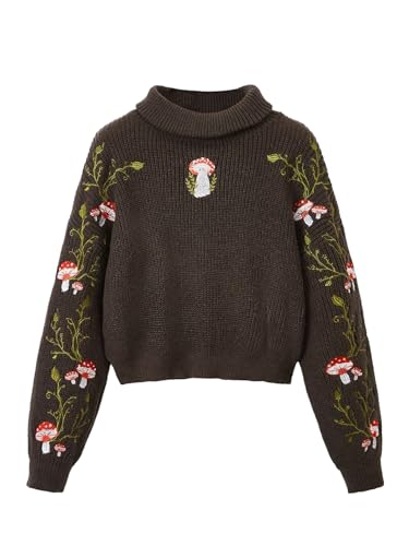 SHENHE Women's Plus Size Fairy Sweater Turtleneck Lantern Sleeve Embroidered Mushroom Knitted Cropped Sweater