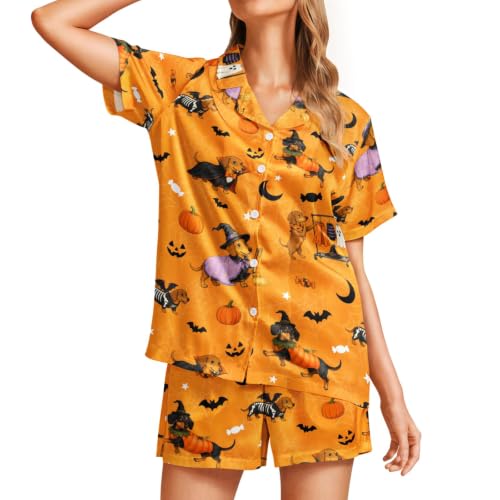 Image of Funny Pajamas for Women Set Print Satin Loungewear Pjs Short Sleeve Button Down Top and Shorts Sets Sleepwear XS-3XL