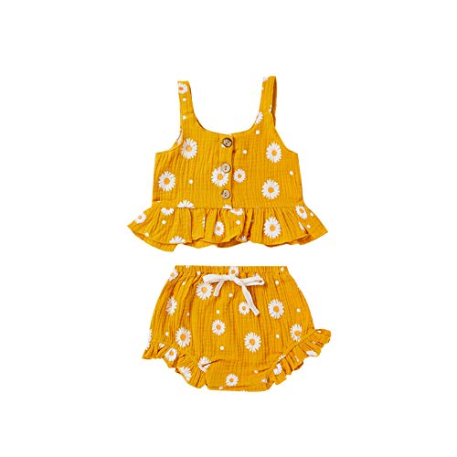 Toddler Infant Baby Girls Summer Outfits Daisy Print Ruffle Vest Crop Tops and Shorts Set 2 Piece Clothing (Yellow,2-3 T,)