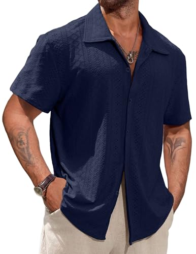 Vssjavun Mens Short Sleeve Button Down Shirts Casual Hollow Out Summer Beach Shirt