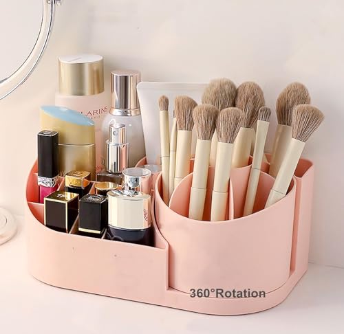 Image of 360 Degree Rotating Desk Makeup Brush Organizers and Pencil Pen Organizers for Desk Desktop Storage Stationery Supplies Cute Pencil Cup Pot for Office School Home (Pink)