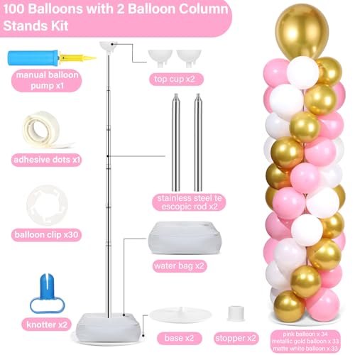 Image of 2 Sets Pink White Gold Balloon Column Stand Kit with 100 Balloons Adjustable Balloon Tower Stand with Bases for Floor Column Kit for Wedding Graduation Birthday Appreciation Party Decor