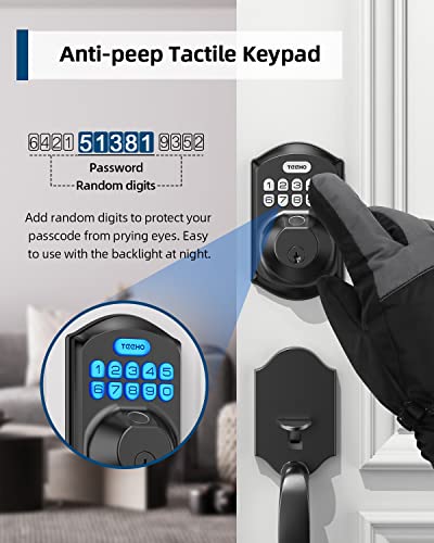 Teeho Fingerprint Keyless Entry Door Lock With Handle Te002H Smart Keypad Deadbolt Set For Front Door - 0.3S Biometric Identify - Auto Lock - Ip54 Waterproof - Matte Black #TOP3