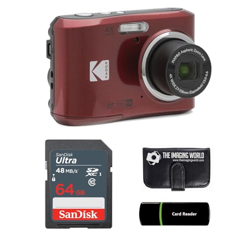 Kodak PIXPRO FZ45 16MP Digital Camera 4X Optical Zoom 27mm Wide Angle 1080P Full HD Video 2.7" LCD Camera (Red) + 64GB Card and Reader + Memory Wallet Bundle