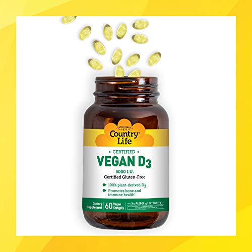 Country Life Vegan D3 125Mcg 5,000 I.u. 100% Plant Derived Vitamin D3 Promotes Bone & Immune Health - Cognitive Health Support Supplement - Vegan, Gluten-Free - 60 Vegan Softgels #TOP4