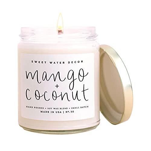 Sweet Water Decor Mango + Coconut Candle | Pineapple, Mango, Coconut Milk, Orange and Peach Tropical Summer Scented Soy Candles for Home | 9oz Clear Glass Jar, 40 Hour Burn Time, Made in the USA