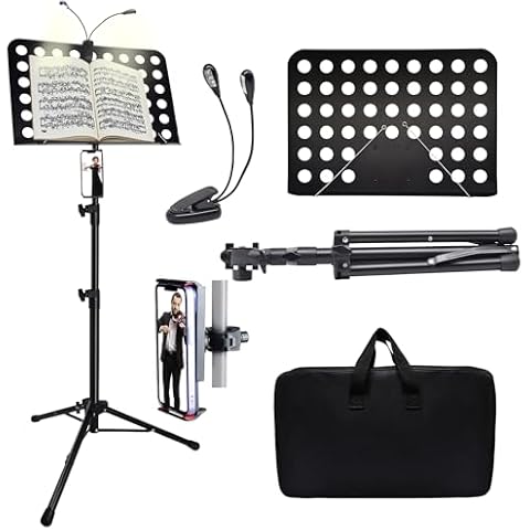 Sheet Music Stand with Light & Phone Holder, 57" Music Stand for Sheet Music High Stability, Height Adjustable Music Sheet Stand with Carrying Bag, Portable Music Book Holder (33-57inch) Cover