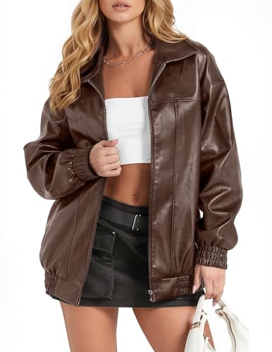 GraceSelect Womens Brown Bomber Jacket Loose Faux Suede Fall Fashion