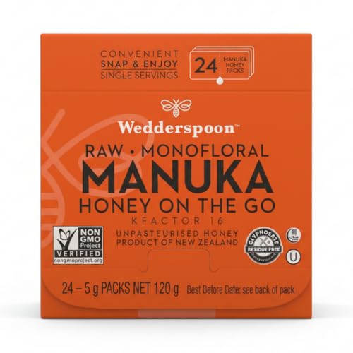Wedderspoon KFactor 16 Manuka Honey Snap Packs 24 Sachets 120g Raw Monofloral Non GMO Traceable New Zealand