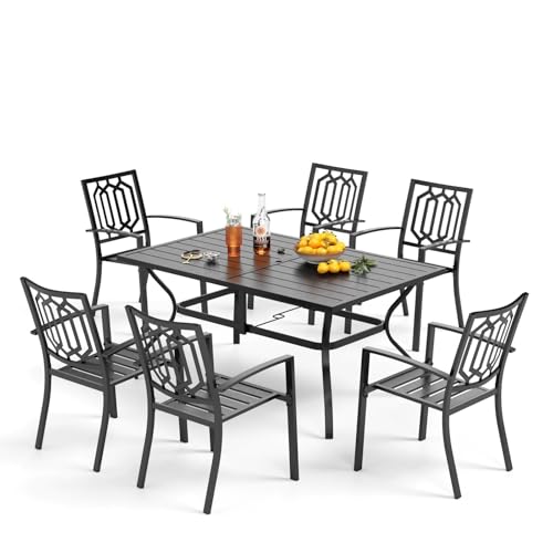 Image of PHI VILLA 7 Pcs Patio Dining Set for 6& Rectangular Metal Table | Metal Steel Table with Umbrella Hole & Stackable Chairs, Heavy-Duty Furniture Set for Patio, Deck, Yard, Porch - Black