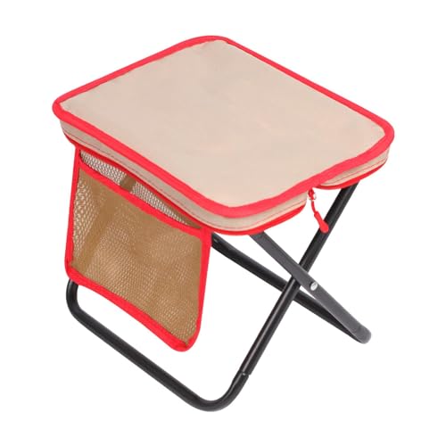 Menolana Folding Camping Stool Footstool with Side Pocket Multipurpose Small Foldable Chair for Park Traveling Fishing Barbecue Beach, Khaki and Red, L