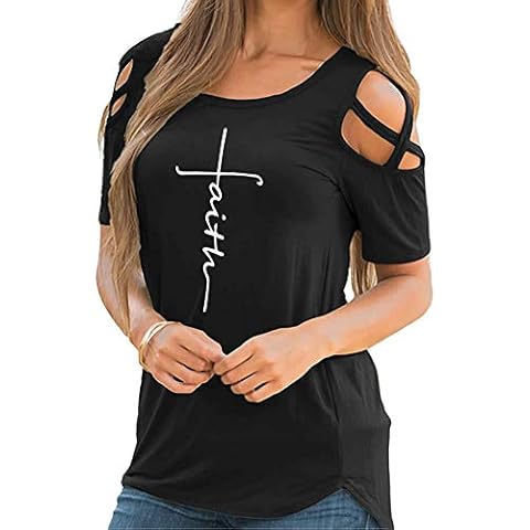 Funny Cute Faith Print Cotton Off Shoulder Bandage Short Sleeve T-Shirt for Women Black XL Cover