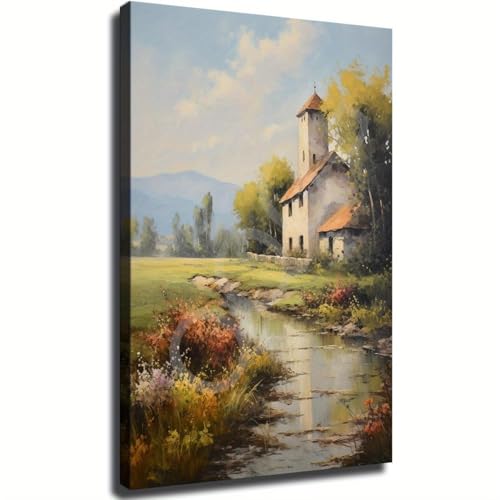 Peinture paysage campagne française décoration murale grand tableau