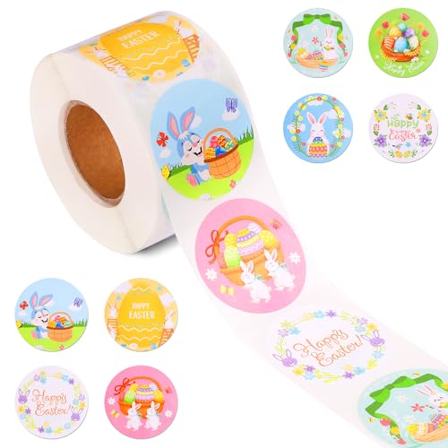 500pcs 3,8 cm Pegatinas de Pascua, 8 Diseños Pegatinas Coloridas Conejito Huevo Pegatinas Papel Autoadhesivo Etiquetas Redondas Pascua Sellos Sobre Decoraciones Pascua para Arte Manualidades