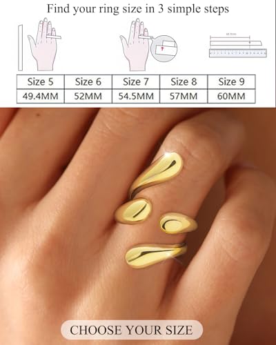 Non Tarnish Gold Chunky Rings for Women, 14K Gold Plated Elongated Open Statement Rings, Adjustable Stackable Wedding Band Jewelry Size 5-9 ﻿4