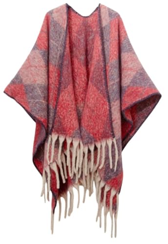 Women's Mohair Shawl Wraps Open Front Plaid Tassel Poncho Oversized Knitted Sweater Cardigan Shawls for Fall Winter