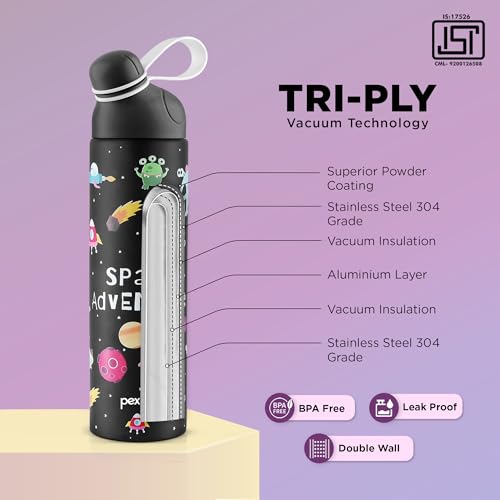 Image of Go24 pexpo Water Bottle for School Kids, ISI Certified Stainless Steel Sipper Bottle for Kids 470ml (Pack of 2) | Hot & Cold Thermos Insulated Water Bottle|6+ Years Kids|Pico 500 - Black - Space