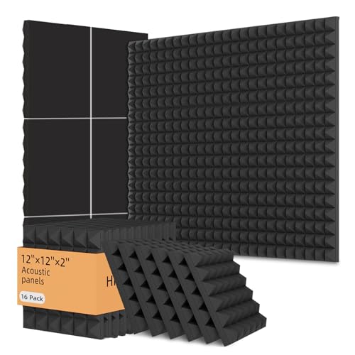16 Pack Acoustic Foam Panels, 12x12x2 Inches Soundproofing Foam for Walls Easy Installation , High Density Pyramid Noise Reduction Panels Adhesive Not Include (Black)