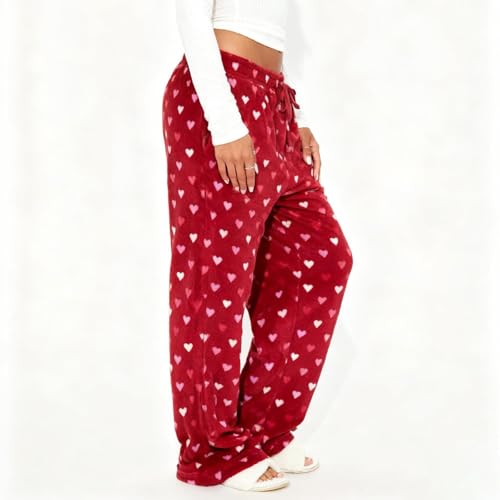 Image of Valentine's Day Flannel Pants Women's Romantic Heart Print Elastic Drawstring Waistband Wide Leg Loose Fit Trousers
