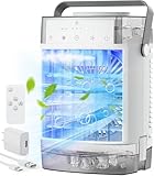 Portable Air Conditioners, Mini Evaporative Air Cooler with Remote, 3 Wind Speed & 2 Mist Mode, 7-Color Night Light, 2-4-8H Timer, 1600ML Water Tank Best Small Cooling Fan for Home
