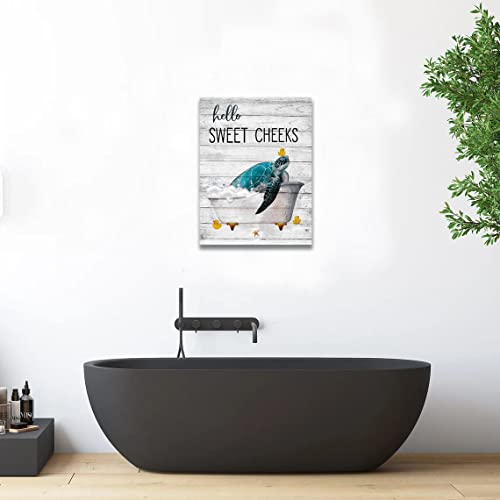 Citari Sea Turtle Bathroom Wall Art Teal Sea Turtle Pictures Funny Sea Turtle In Bathtub Canvas Painting Print Artworks Coastal Beach Themed Ocean Animal Nautical Bathroom Decor Framed12''X16'' #TOP1