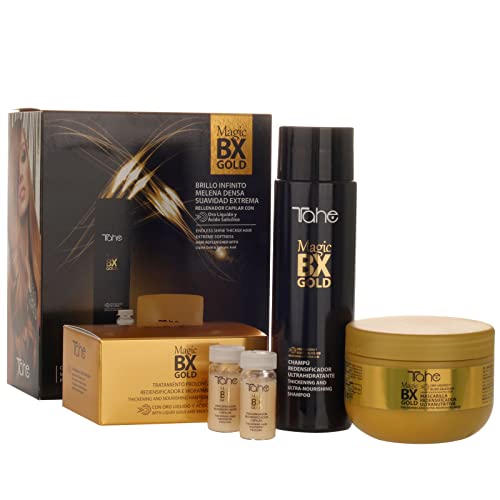 Tahe Magic BX Gold Pack para cabellos secos: Champú redensificador 300 ml + Mascarilla redensificadora 300 ml + Tratamiento 50 ml
