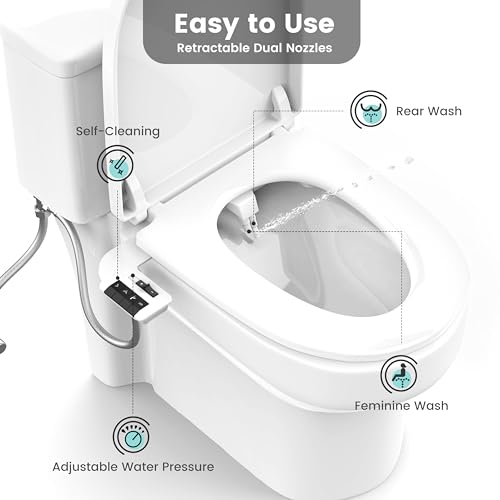 Aresmata Bidet Attachment for Toilet Unique Dual Retractable Nozzles Badays for Toilets Seat, Non-Electric Self-Cleaning Fresh Water Sprayer, Adjustable Water Pressure Bidets for Existing Toilets - Thumbnail 5