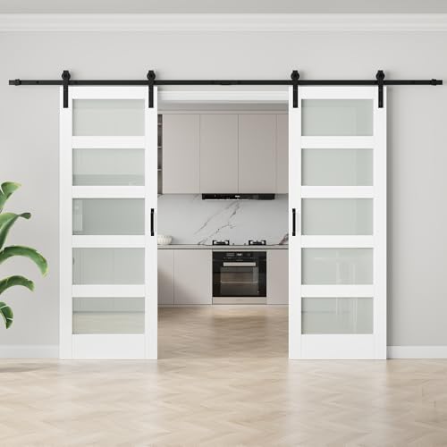 Image of 60 inchx84 inch Frosted Glass Barn Door with 12FT Sliding Hardware & Handle, White | Pre-Drill Holes Double Barn Door For Easy Assembly, Solid Core Wood Sliding Barn Door for Water-Resistant & Sound Reduction