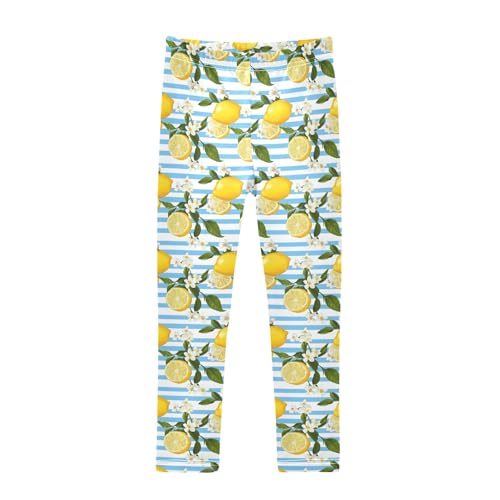 Girls Printed Leggings Yoga Pants Blue Strip Lemon Pattern for Kids in 4t to 10 Years, 4T