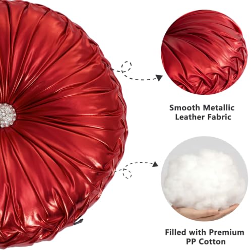 Image of HIG Set of 2 Red Metallic Leather Decorative Round Pleated Throw Pillows | Vintage Floor Pillows, Classy Accent Pumpkin with Center Button, for Sofa Couch Vanity Chair Bed, 14.5 inch Diameter