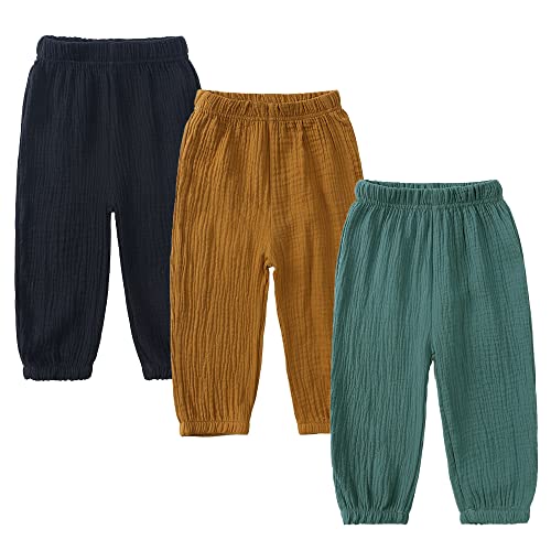 Image of Kids Tales 3 Pack Boys Girls Cotton Linen Pants Child Basic Plain Solid Trousers Big Kids Elastic Waist Long Pants Bloomers