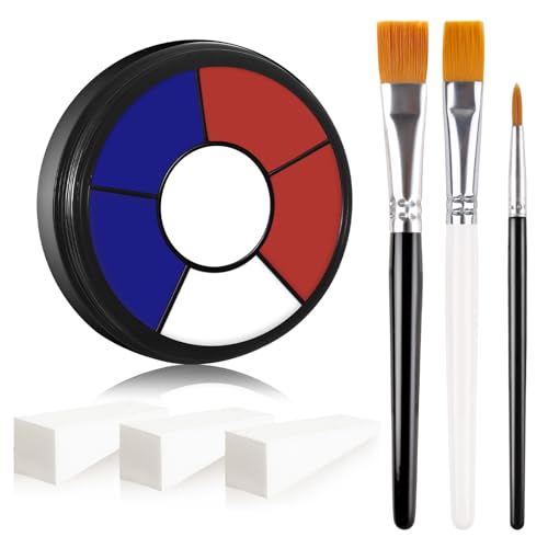 BOBISUKA Red White Blue Cream Face & Body Paint Palette Kit with 3 Brushes 3 Sponges Highly Pigmented Easy to Blend Long Lasting Makeup for Patriotic Pride 4th of July USA Flag Independence Day
