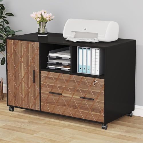 Tribesigns 43-inch Mobile Lateral File Cabinet With 2 Drawers & Open Shelves - Rolling Office Storage, Light Grey