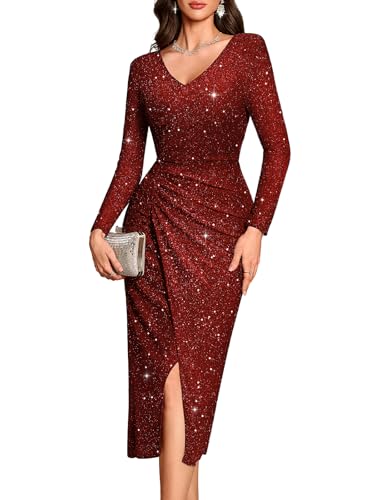 Bbonlinedress Women Sequin Cocktail Fall Wedding Guest Formal Dress Long Sleeve Slit Wrap Maxi Evening Gown Prom Party,Burgundy M