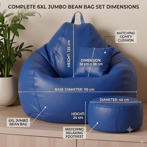 Image of KAM'S LIEU Leatherette Bean Bag Chair with Footrest | Filled with EPS Beans | Comfortable Sofa for Living Room & Bedroom | 4XL Size, Easy to Clean Color- (Royal Blue)