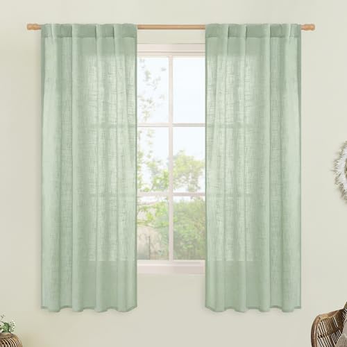 LAMIT Semi Sheer Window Linen Curtains 63 Inch Length, Light Filtering Panels Back Tab and Rod Pocket Country Decor Drapes for Bedroom/Living Room, Fresh Green, 2 Panels, 34 x 63 Inch