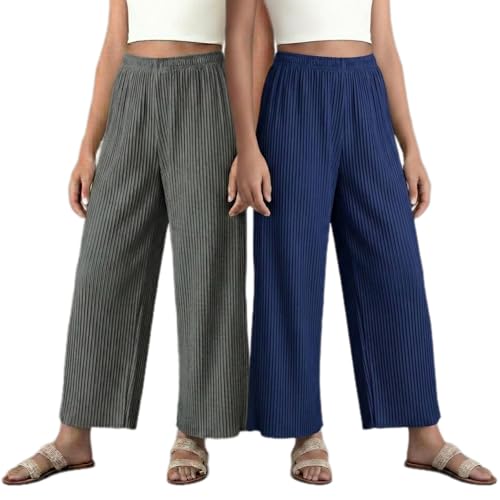 Image of Set of Combo Trouser and Pants for Girls and Women's Relaxed Fit Stretchable Regular Fit Palazzos Lightweight Elastic Waistband Bottoms for Daliy Office & Casual Wear