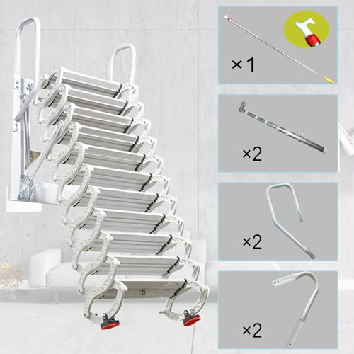 Scala da soffitta retrattile a parete - Design pieghevole a 12 gradini con braccioli, antiscivolo per uso sicuro in casa, facile accesso abbassabile per soluzioni di stoccaggio convenienti