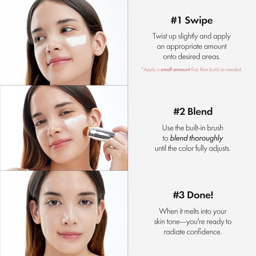 ELROEL Blanc Cover Cream Stick V White - Korean Color-Changing Foundation Stick with Volufiline - Medium to Full Coverage Dewy Finish Base Makeup - Dual-Ended with Detachable Brush (202 Natural) - Image 5