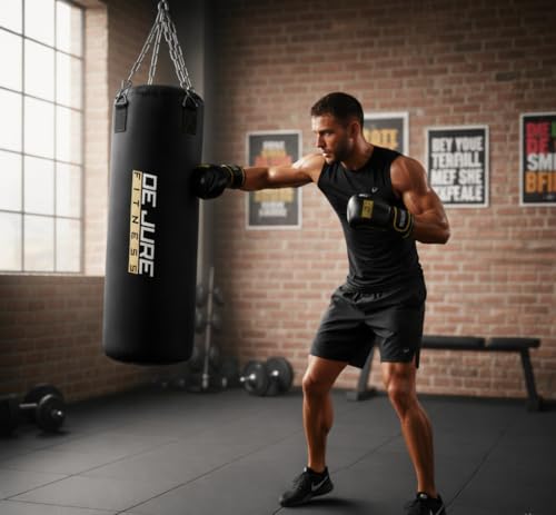 Image of De Jure Fitness Heavy Duty Unfilled Punching Bag with Rust-Proof Steel Hanging Chain | Durable Polyester Fabric | Boxing MMA, Kickboxing (Polyester-Unfilled Black, 2 Ft)