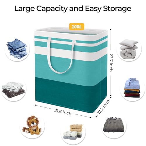HomeHacks 2-Pack Large Laundry Basket, Waterproof, Freestanding Laundry Hamper, Collapsible Tall Clothes Hamper with Extended Handles for Clothes Toys in the Dorm and Family (Green, 100L)