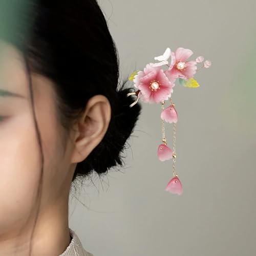 Pinza para cabello artesana con flor de durazno rosa y hojas, con borla miniatura 7