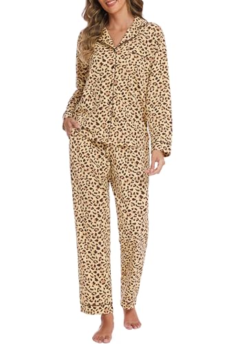 Image of LUBOT 100% Cotton Pajamas for Women Pajama Set 2 Piece PJ Sleepwear Set Soft Ladies Button Knit Long Sleeve Loungewear XS-XXL