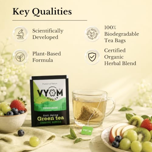 Image of VYOM INDIA Organics Green Tea For Weight Loss - 15 Bags | Anti Aging, Cognitive Booster, Strengthen The Function Of Brain, Reduces Stress, Boost Metabolism | Tulsi & Lemongrass Flavour