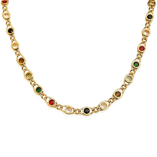 Gold Birthstone Station Necklace for Women - Delicate Simulated Diamond Necklaces Dainty Rainbow Candy Crystal Rhinestone CZ Chian Choker Gifts for Mother