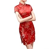 Vestido Cheongsam para mujer con bordado de dragón, cuello alto, estilo retro chino, vestido de manga larga para damas, rojo y otros colores, 3XL (M rojo)