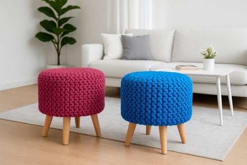Image of Ottoman Foot Rest Puffy, Cotton Dori Ottoman for Home Decor, Solid Wood Legs Dressing Stool, Footstool Puffy for Living Room & Office Room | 16x17 Inch, Set of 2, Dori Pink-Aqua