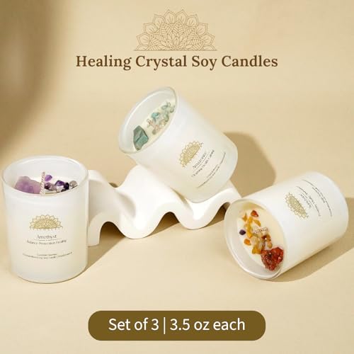 Healing Crystal Candles Gift Set for Women, 3 Pack Aromatherapy Soy Candles with Real Amethyst Amazonite Sunstone, Lavender Jasmine Coastal Breeze Scented Candles, Meditation Chakra Energy - 3.5oz - Image 3